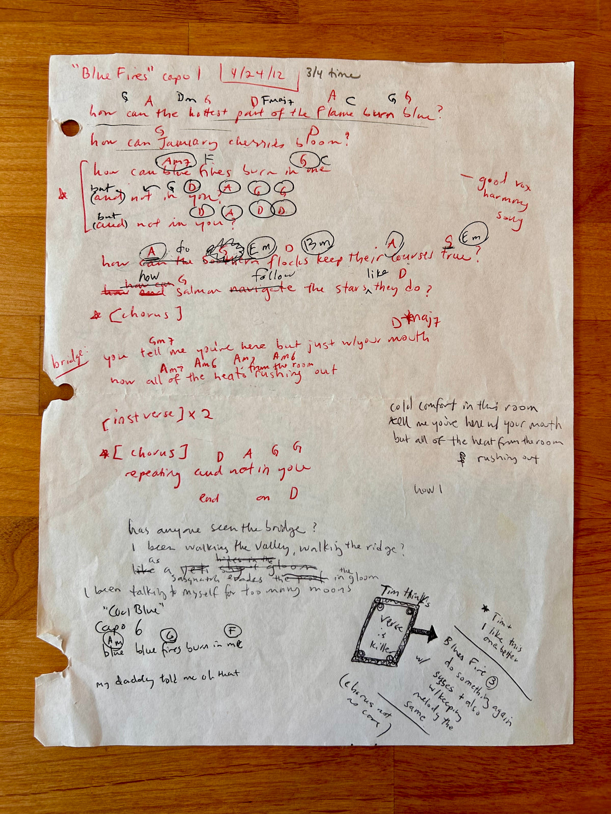 Blue Fires Original Working Song Manuscript