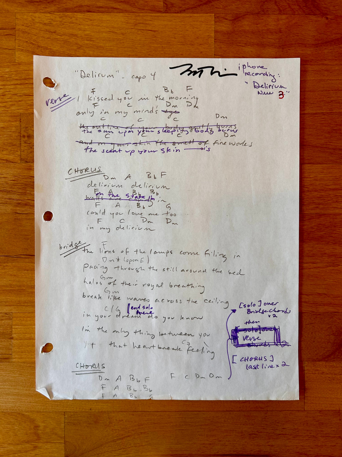 Delirium Original Working Song Manuscript