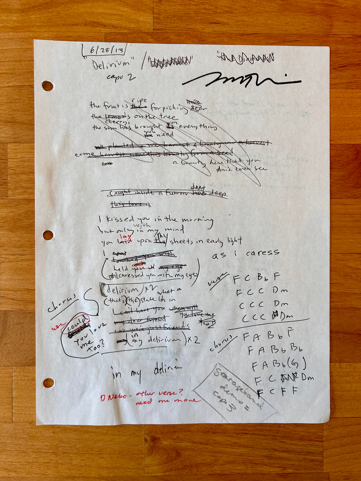 Delirium Original Working Song Manuscript