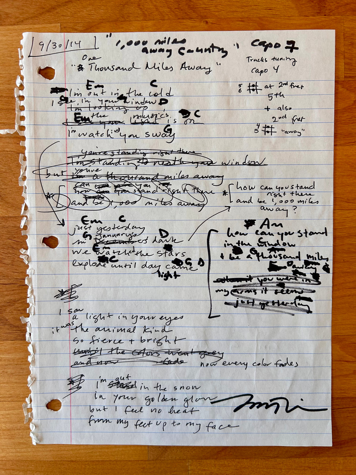 1,000 Miles Away Original Working Song Manuscript