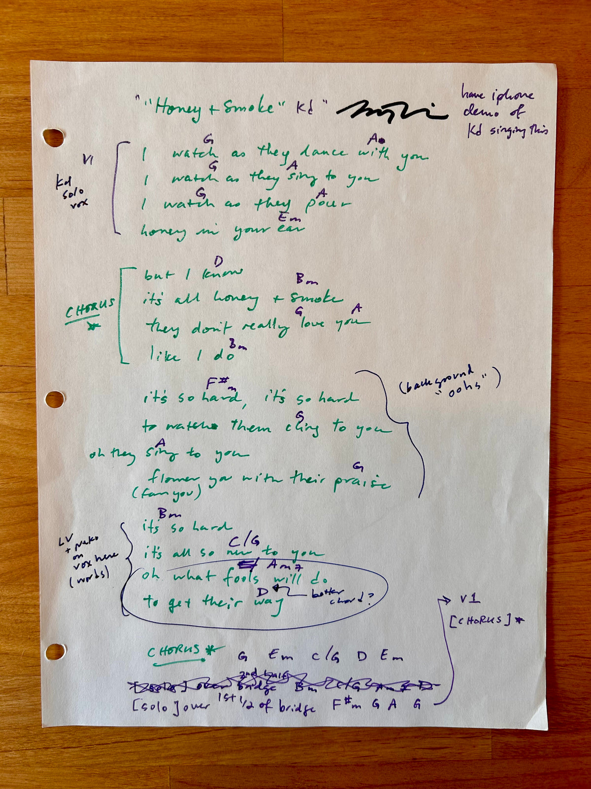 Honey and Smoke Original Working Song Manuscript